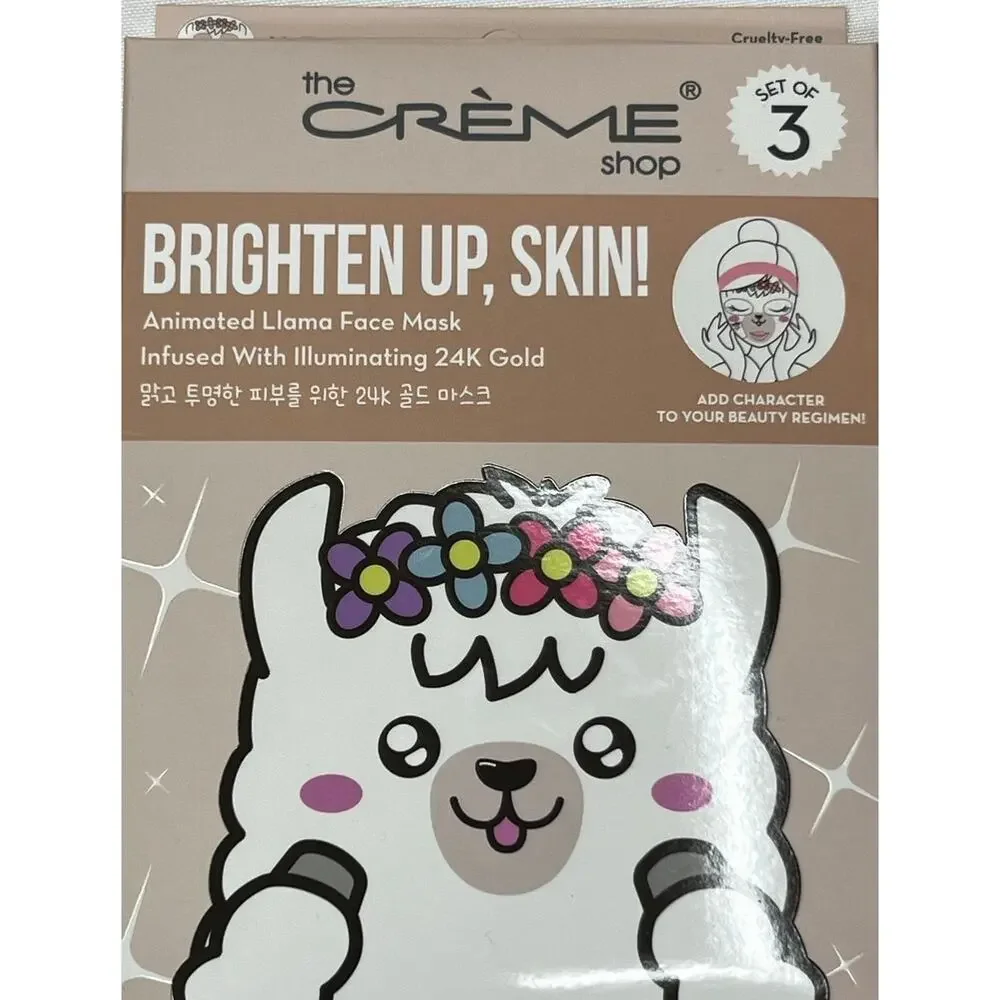 The Crème Shop Brighten Up Skin Llama Sheet Mask Set of 3 24K Gold K-Beauty